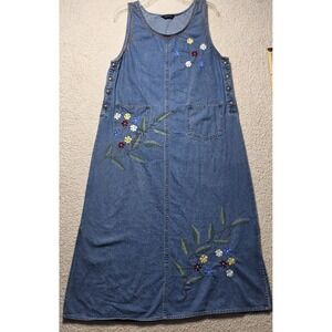 Agapo Vintage Collection Womens Denim Embroidered Floral Jumper Dress Blue Maxi